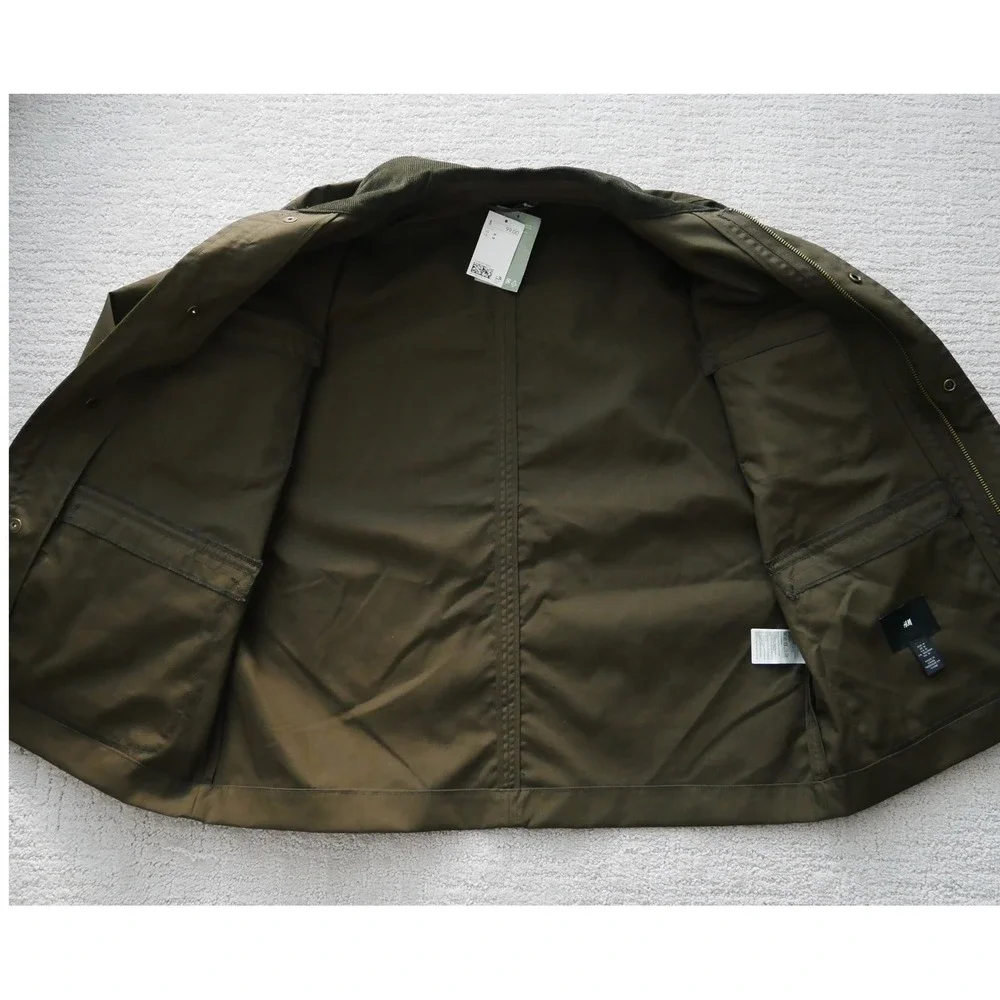 H&M Mens Utility Jacket Olive Green Corduroy Collar Field Coat Medium NEW
